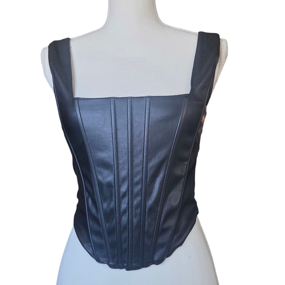 7‎ For All Mankind Black Vegan Leather Corset Top Square Neck Smocked Back Small - Picture 2 of 13